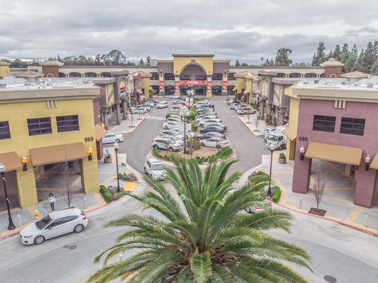 Overhead image of open air shopping center in California