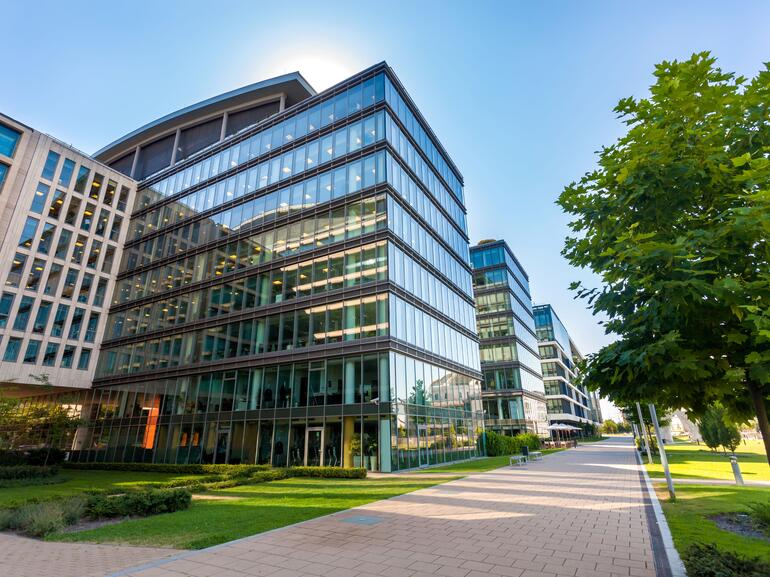 Exterior of multi-story suburban office building