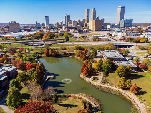 Downtown aerial of Tulsa, Oklahoma's skyline