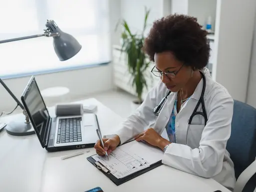 Doctor working in her office, evaluating a patient chart and lab results