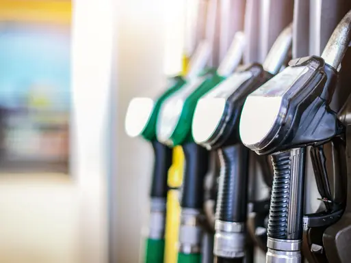 Close up of colorful fuel pump handles